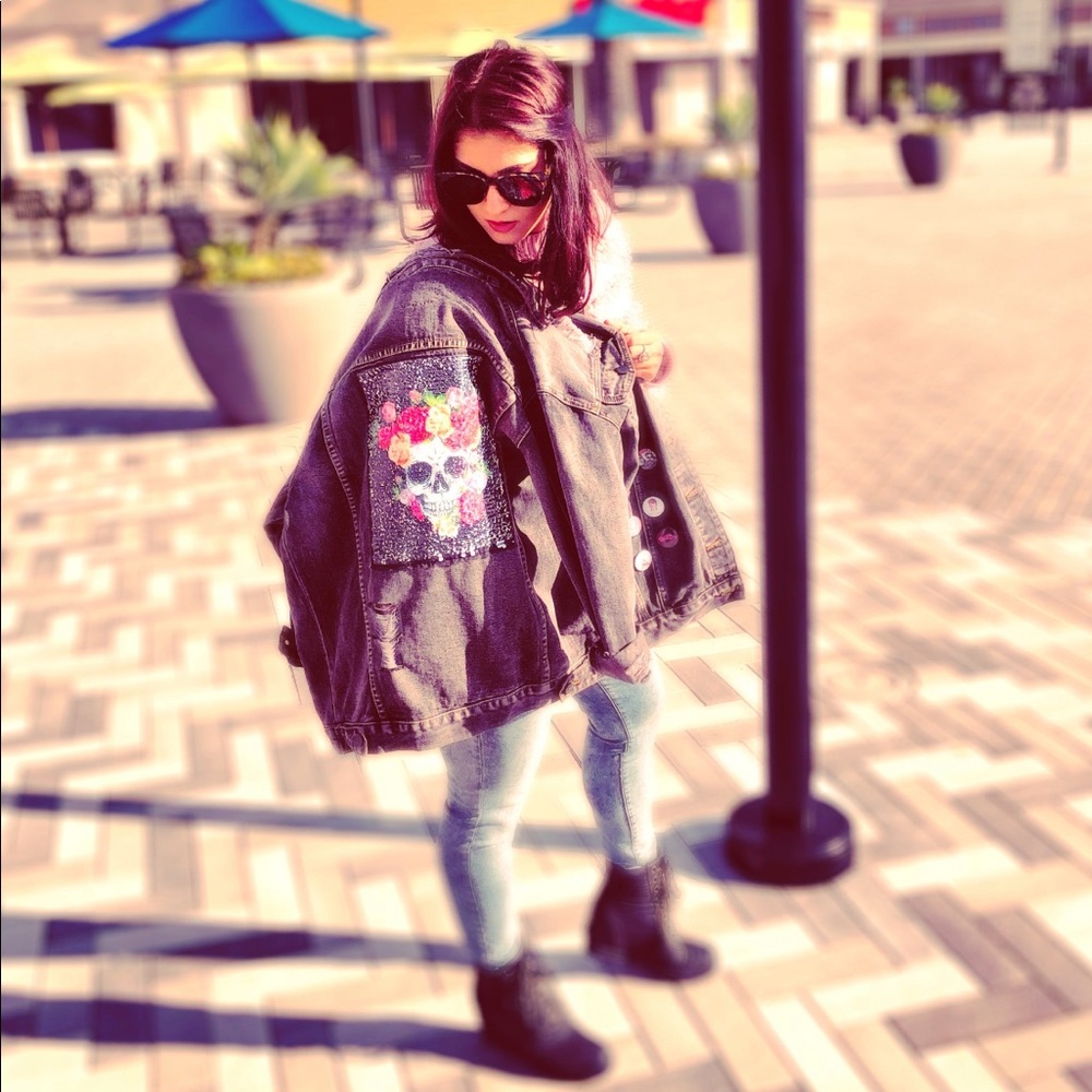 BELLE + DAY Floral Skull Denim Gray Jacket